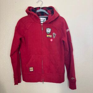 ROOTS Outdoors Red Lined Hoodie PatchesWomens S/M tag is XL (child) EUC